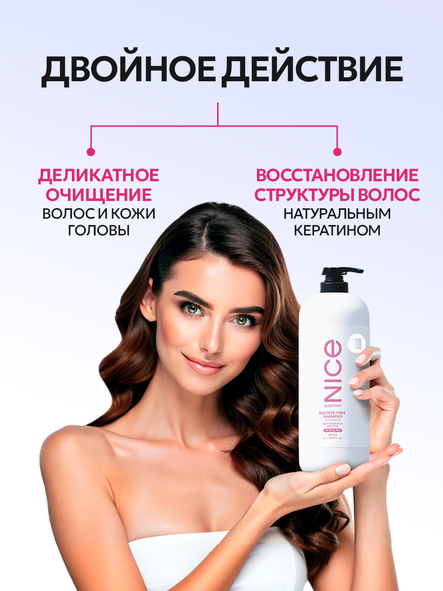 Шампунь профессиональный Nice by Septivit Pro Line, бессульфатный, для женщин, гипоаллергеный, с дозатором, 1 л — фото 1