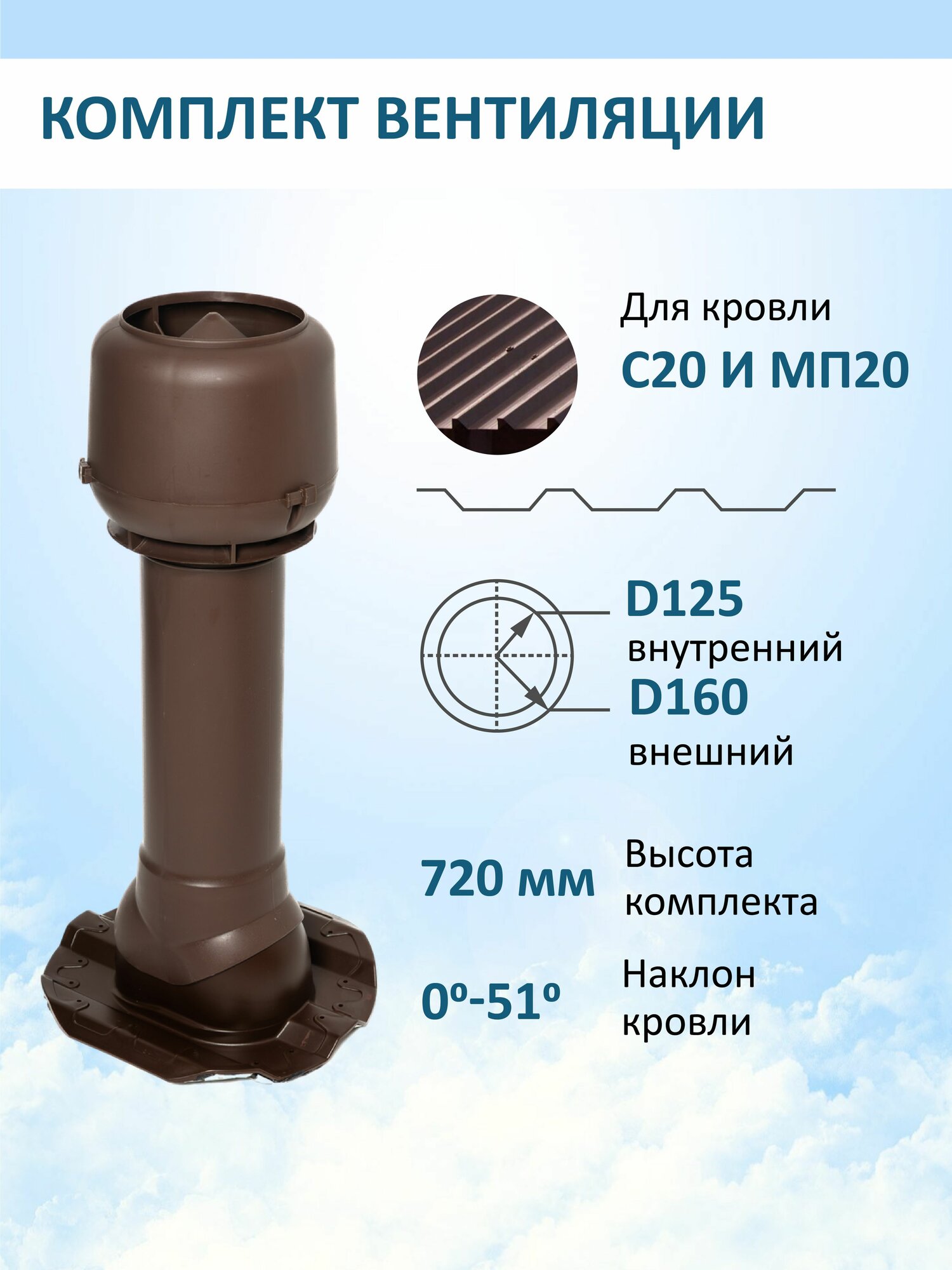 Вент. выход утепленный c колпаком D160 высотой Н-700, проходной элемент для кровельного профнастила 20мм