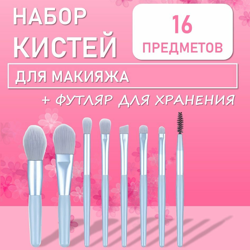 Мини-набор из 8 кистей для макияжа в футляре небесно-голубой 2 штуки