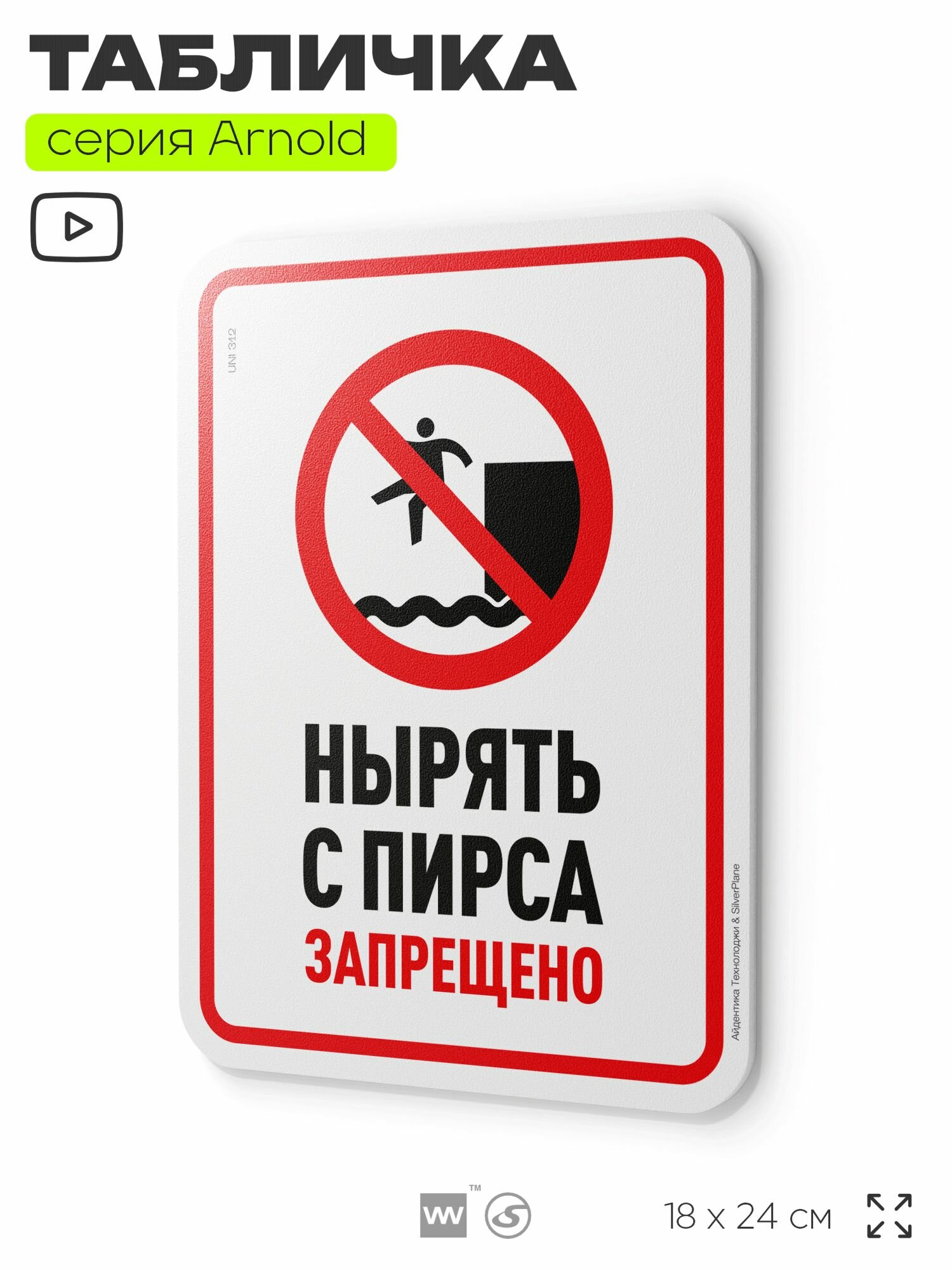 Табличка "Нырять с пирса запрещено", на дверь и стену, информационная, пластиковая с двусторонним скотчем, 24х18 см, серия Арнольд, Айдентика Технолоджи