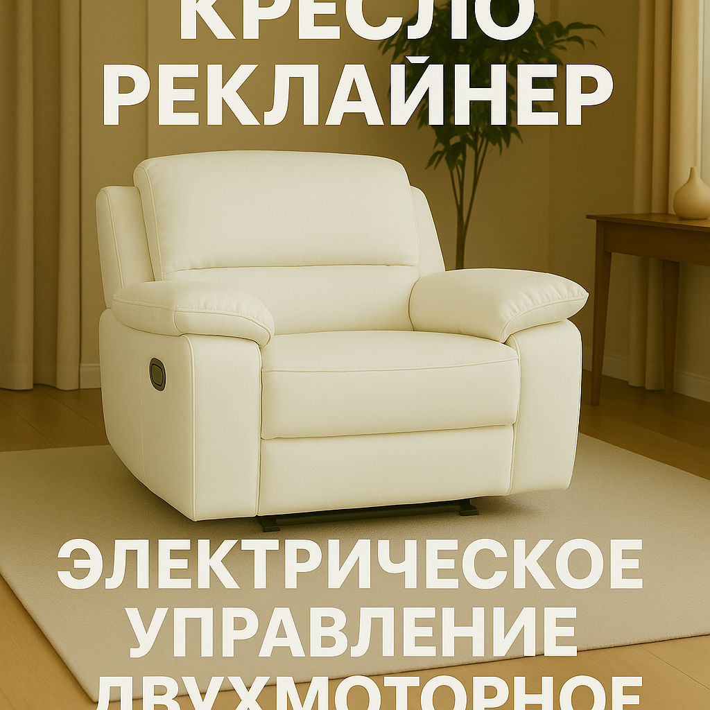 Кресло-реклайнер двухмоторное на электроприводе в белом цвете , с мягкими подлокотниками, экокожа,