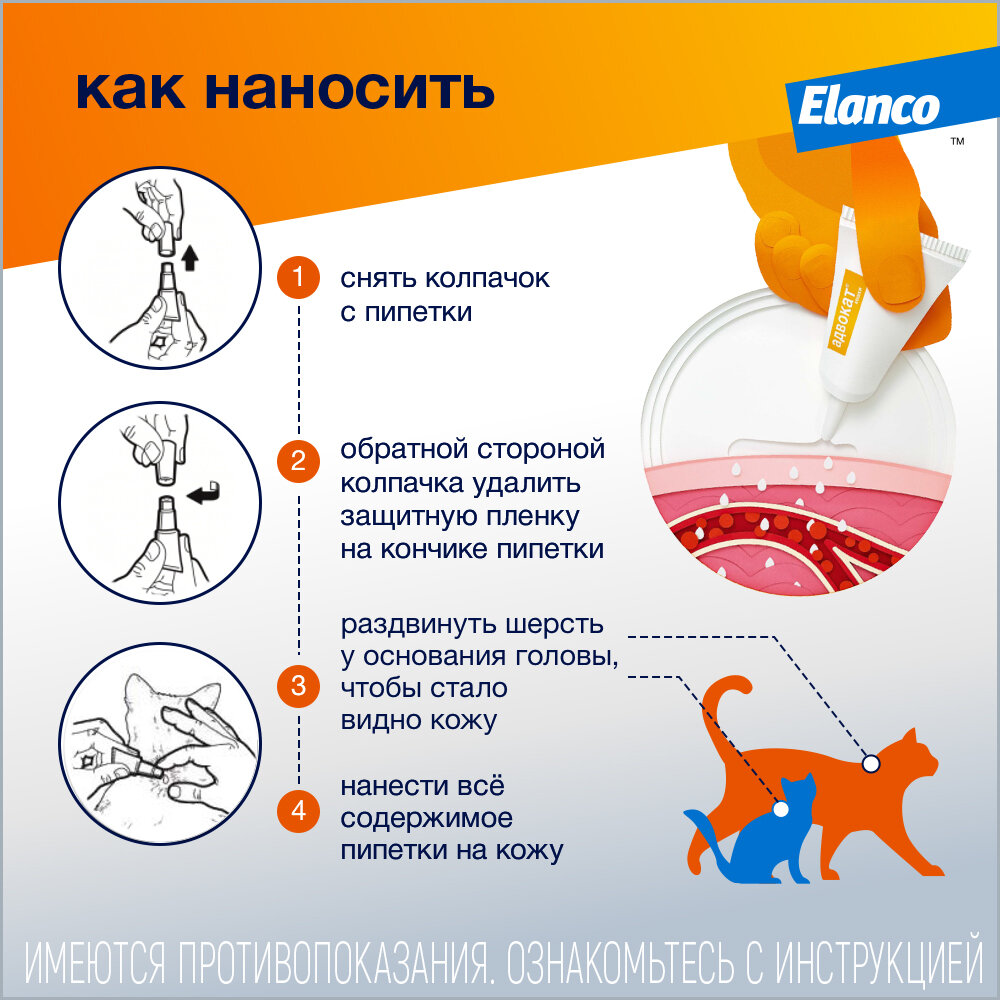 Адвокат кошки (Elanco) - капли на холку от чесоточных клещей, блох и гельминтов для кошек и хорьков до 4 кг – 3 пипетки — фото 1