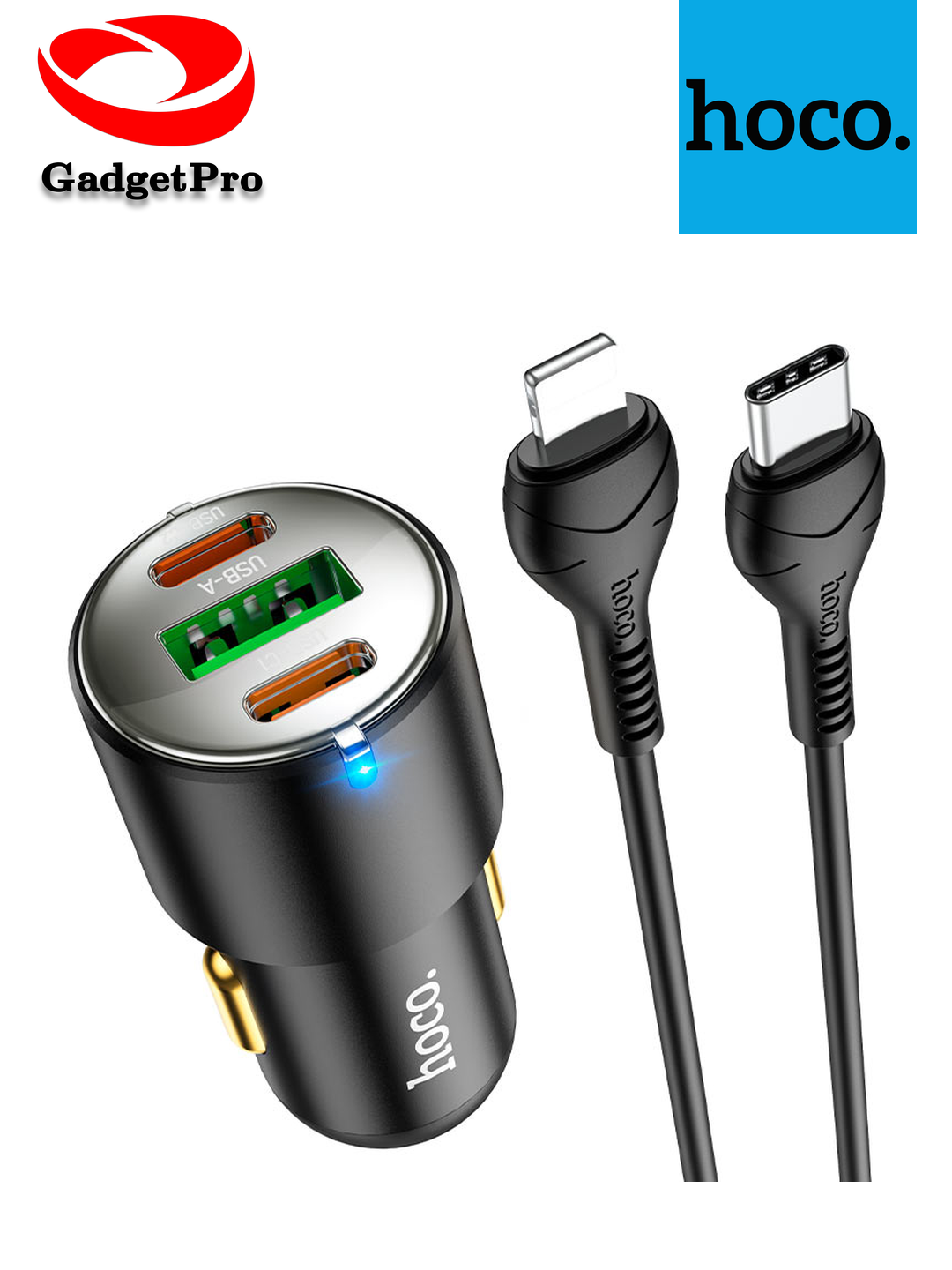 Автомобильное зарядное устройство Hoco NZ6 45W (2 Type-C + USB) с кабелем Type-C - Lightning, черный цвет, быстрый заряд