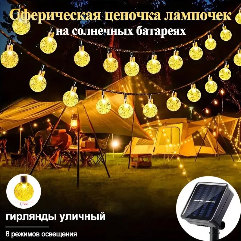 Электрогирлянда уличная Конусная Светодиодная 20 ламп, 5 м, питание Солнечная батарея, 1 шт