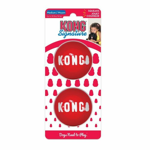Kong Signature ball-2 M, Прочный мячик с пищалкой для собак, 6 см, 2 шт