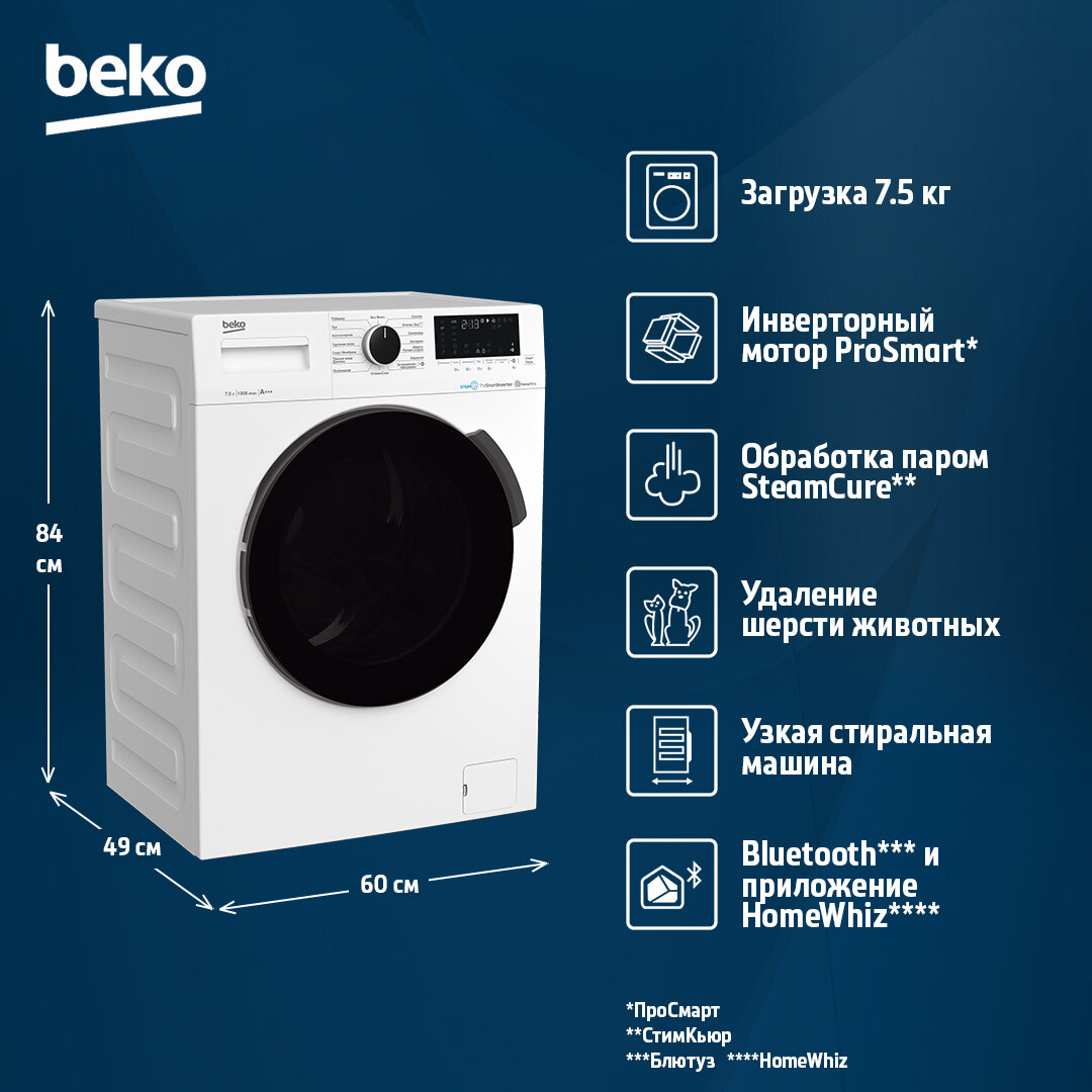 Узкая стиральная машина Beko WSPE7H616W, 7.5 кг, 1200 об./мин, инверторный мотор, 15 программ, белый