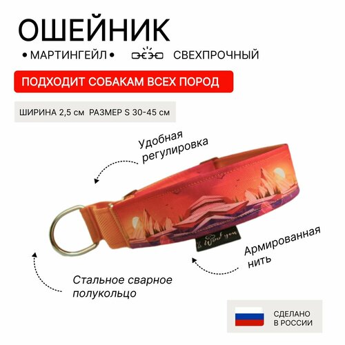 Ошейник для собак I WOOF YOU с принтом Рассвет в горах, мартингейл, полуудавка ширина 25 мм