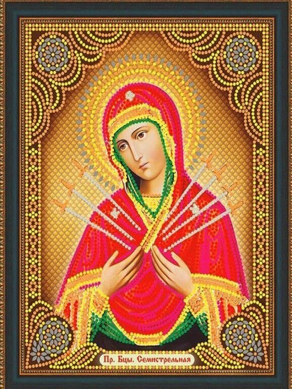 Алмазная мозаика на подрамнике, размер 27x33 см, частичная выкладка. Икона "Пресвятая Богородица Семистрельная"