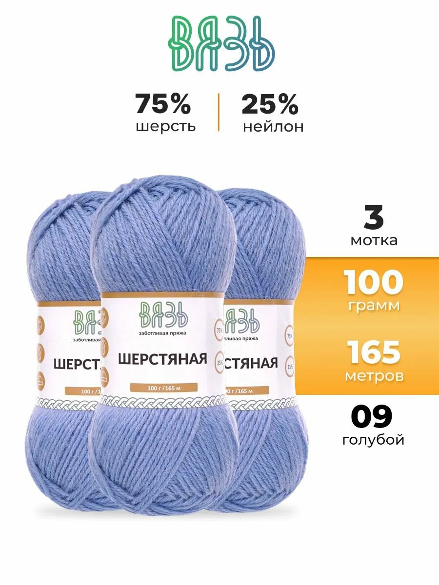 Пряжа для вязания Вязь 'Шерстяная' 100г, 165м (75% шерсть, 25% нейлон) (09 голубой), 3 мотка