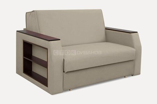 Изображение товара Диван Сток Диванов Таун, бежевый велюр, 160 см, механизм аккордеон, с полочками в подлокотнике