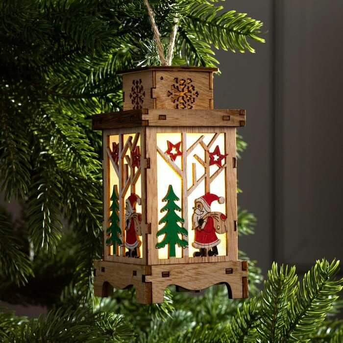 Елочная игрушка Luazon Lighting "Фонарь с Дедом Морозом", на батарейках, свечение теплое белое