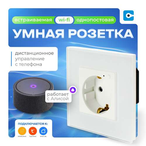 Умная розетка с Алисой 16А Easy Tech, Wi-Fi розетка встраиваемая, однопостовая с таймером и голосовым управлением, белая