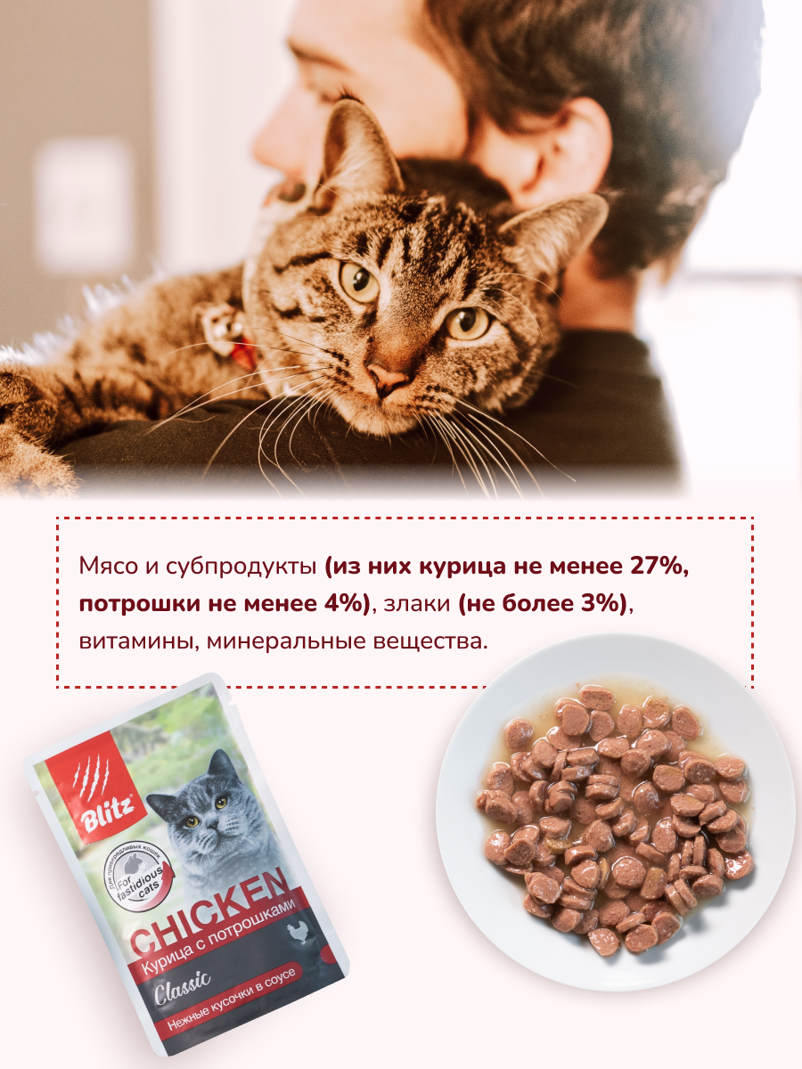 Консервированный корм BLITZ для кошек Курица с потрошками кусочки в соусе 85 гр Х 24 шт — фото 1