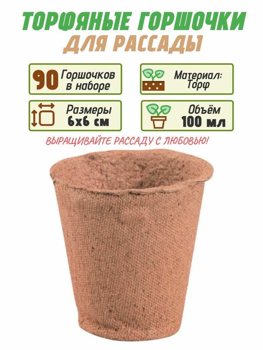 Торфяные горшочки 100 мл 6х6 см 90 шт. Создают условия для прорастания и роста вашей рассады овощей и цветов обеспечивая ей необходимую влагу и питание. В составе горшка экологически чистый торф