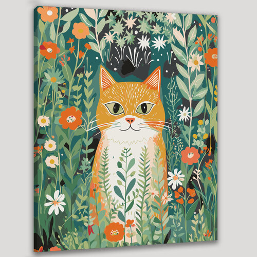 Изображение товара Картина по номерам 40x50 см, кошка, акварельная иллюстрация, изумрудно-зеленые глаза, отпечатки лап, волшебный сад