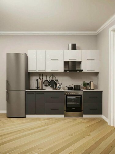 Изображение товара Модульная кухня прямая ЛДСП 2,4м белый глянец/графит со столешницей с пеналом под духовой шкаф У2.5