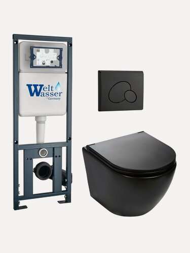 Изображение товара Комплект 6 в 1 WeltWasser: подвесной унитаз MERZBACH 043 MT-BL черный матовый+кнопка смыва MAR 410 RD MT-BL черный+инсталляция MARBERG 410