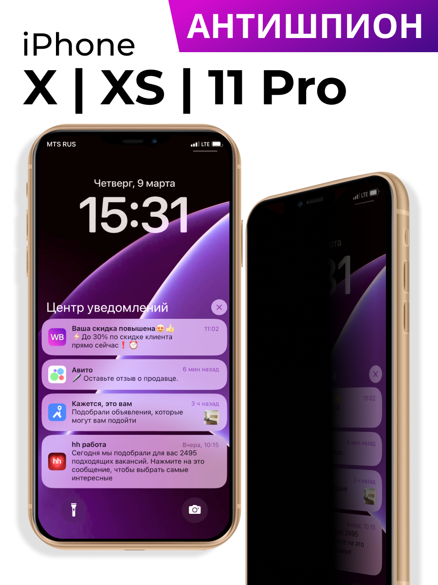 Защитное стекло на iPhone 11 Pro, iPhone X, XS Антишпион, противоударное