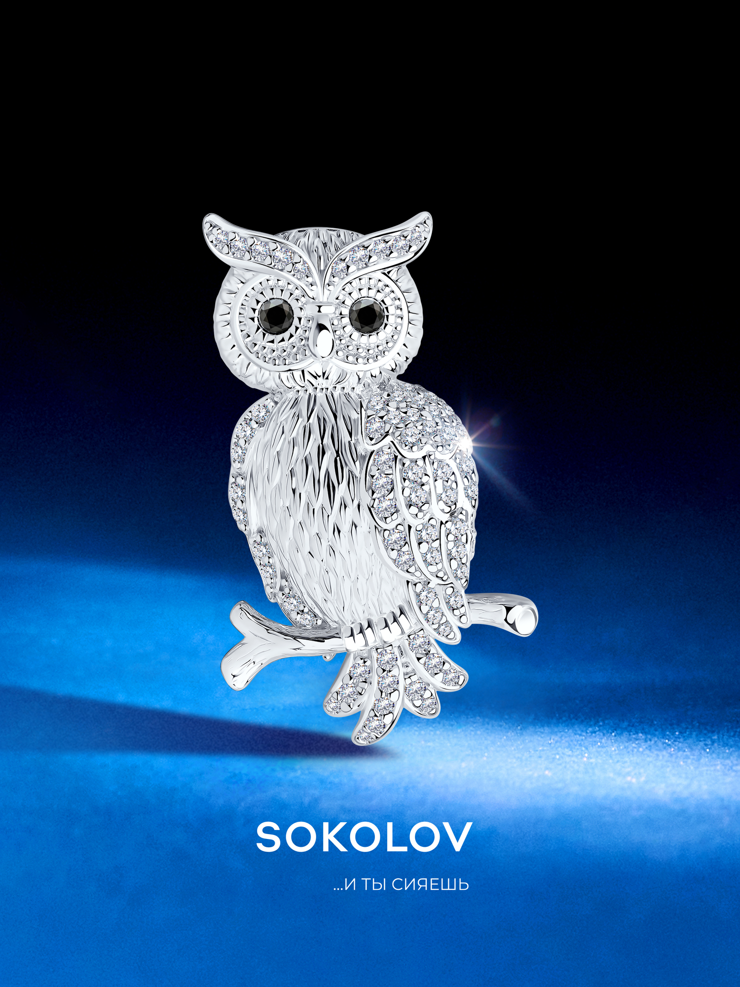 Брошь SOKOLOV, серебро, 925 проба, родирование, фианит, , бесцветный, черный