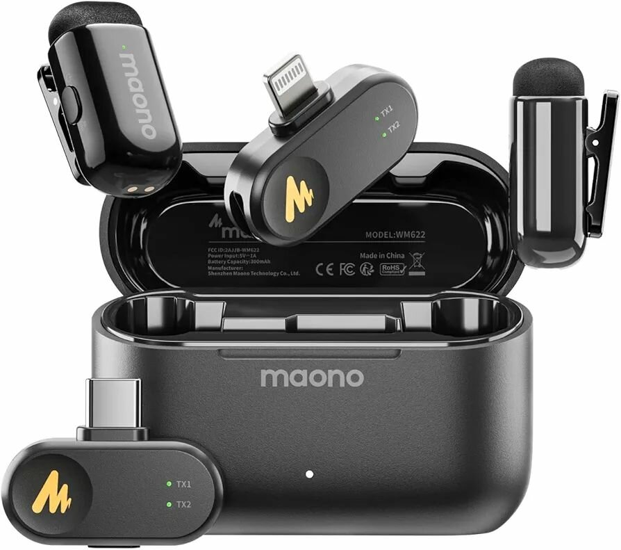 Беспроводной мини-петличный микрофон MAONO Wave T1 Mini с шумоподавлением и AI-фильтром голоса, USB-C / lighting, до 30 часов работы с кейсом, для iPhone /Android/планшетов/ПК, видеосъемки в TikTok/YouTube
