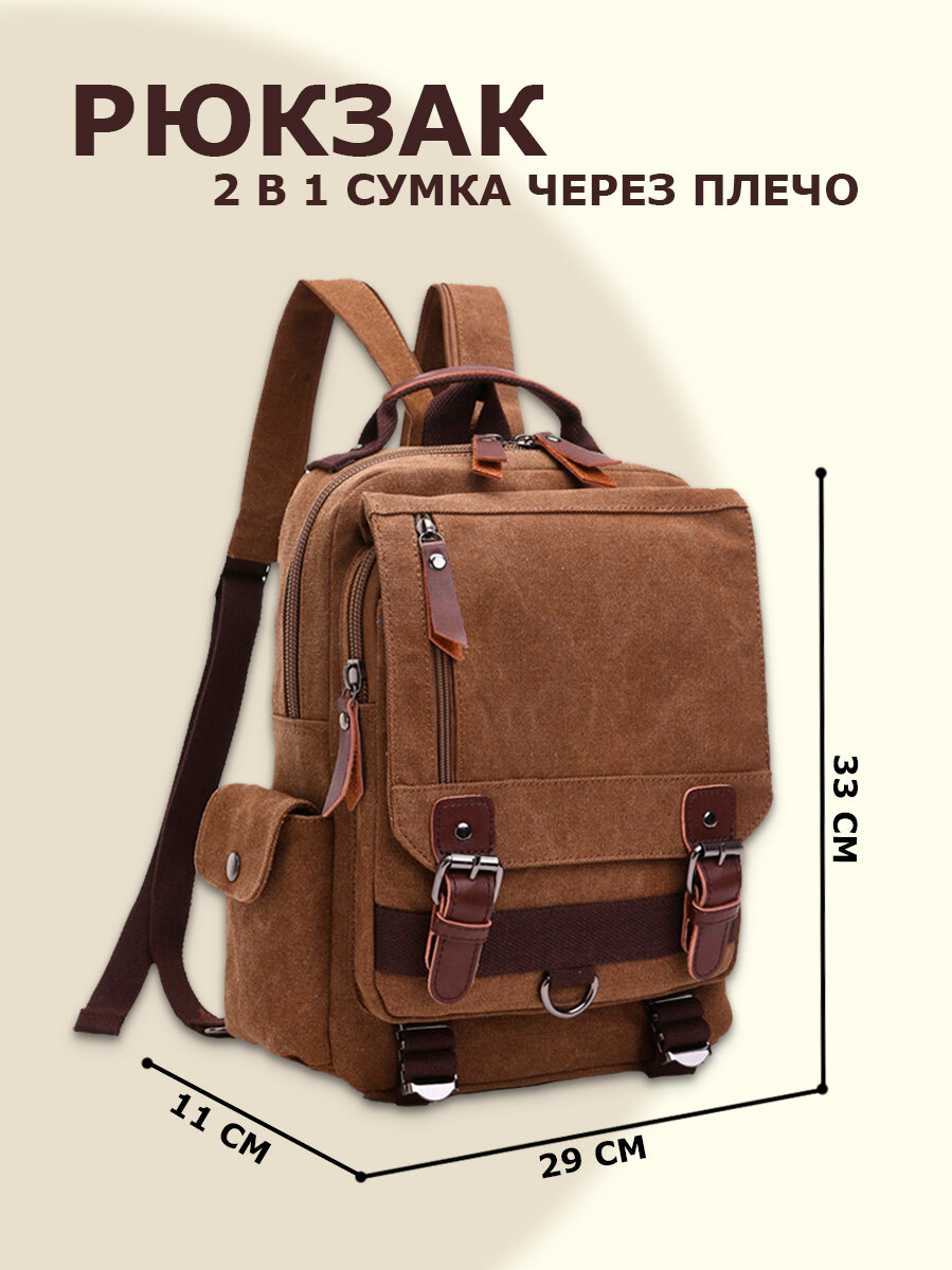 Рюкзак городской, водоотталкивающий, коричневый, холст, искусственная кожа