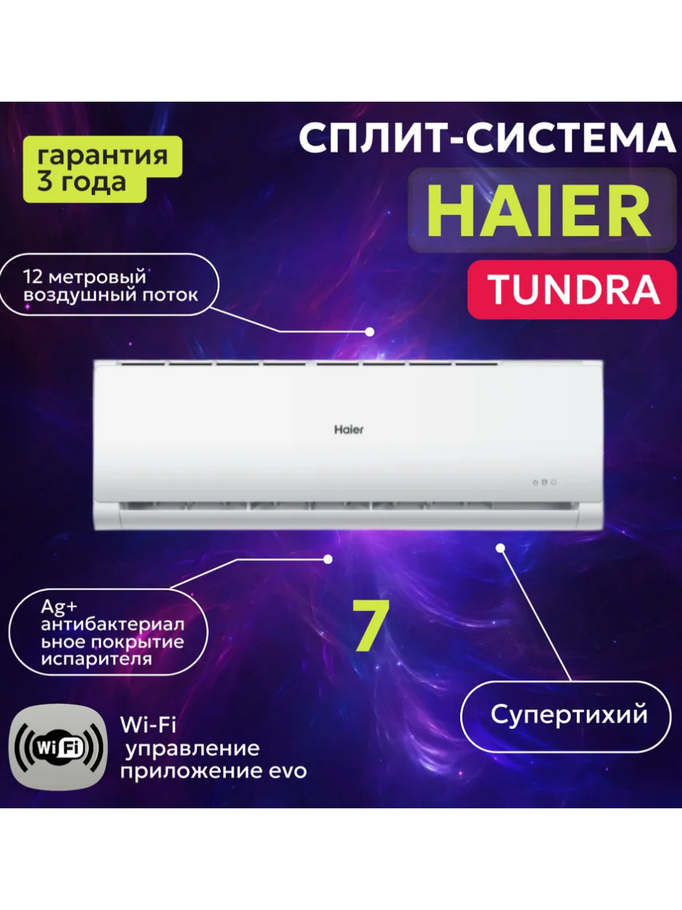 Сплит - система Haier TUNDRA ON/OFF HSU-07HTT103, домашний настенный кондиционер с пультом, до 20 м2 с Wi-fi