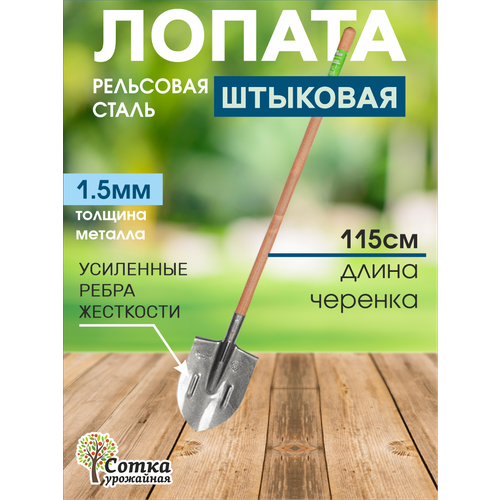 Лопата садовая штыковая ЛКО рельсовая сталь "урожайная сотка" с ребрами жесткости с деревянным черенком серый