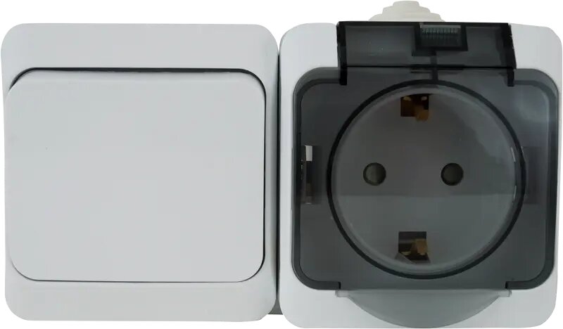 Блок выключатель с розеткой влагозащищённый Systeme Electric Этюд 1 клавиша с заземлением с крышкой IP44 цвет белый