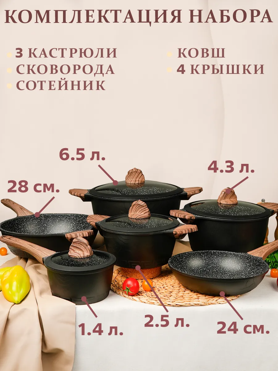Набор посуды 10 предметов для индукционной плиты литой алюминий, с мраморным антипригарным покрытием, кастрюля с крышкой, Ковш с крышкой, Сковородка 24, 28 см, кухонная посуда для дома, подарок женщине — фото 1