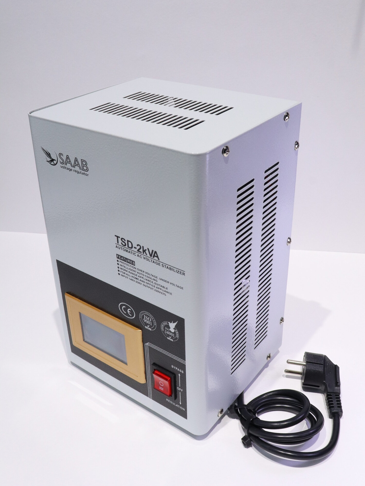 Стабилизатор напряжения, латорный, "SAAB", 2KVA, однофазный, ЖК-дисплей, принудительное охлаждение