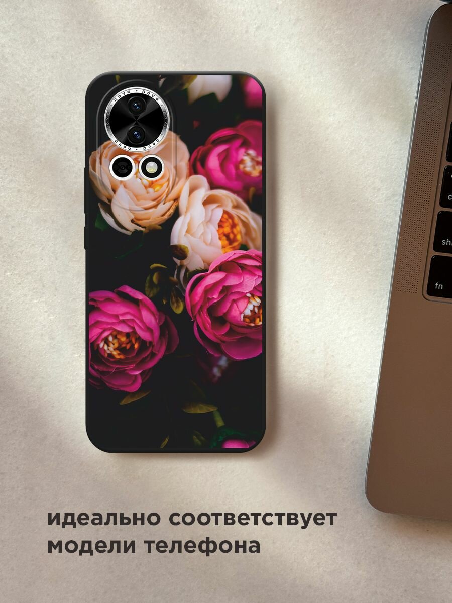 Черный матовый чехол на Huawei Nova 12/Nova13 / Хуавей Нова 12/Нова 13 с принтом "Розовые пионы на черном" — фото 1