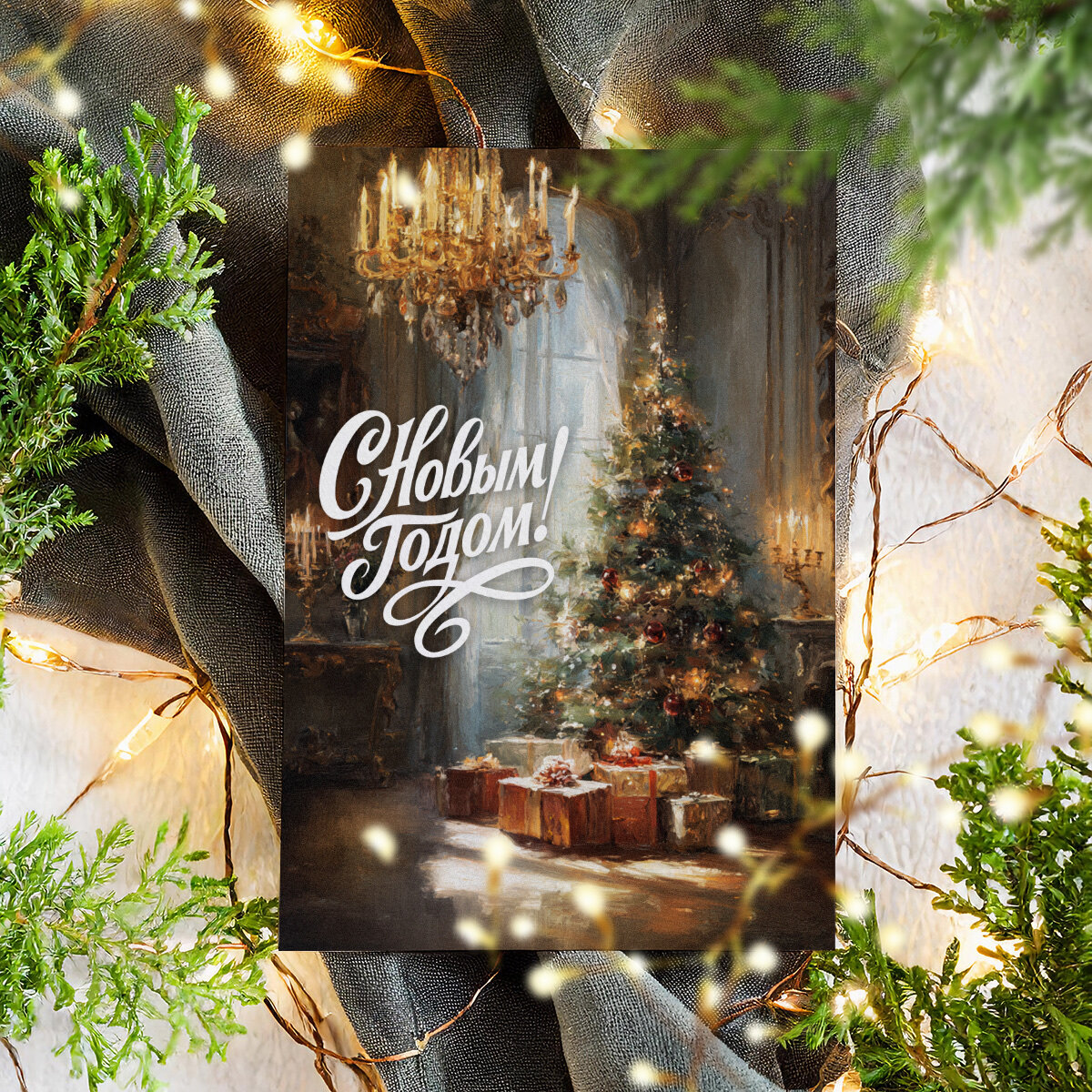 Новогодняя открытка в винтажном стиле, Поздравительная открытка с Новым Годом , красивые яркие принты, формат А5