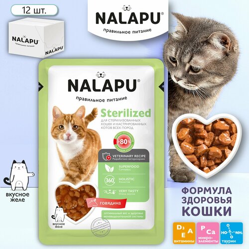 Корм для стерилизованных кошек влажный NALAPU полнорационный, сочные кусочки с мясом говядины в желе, 12шт. по 77г