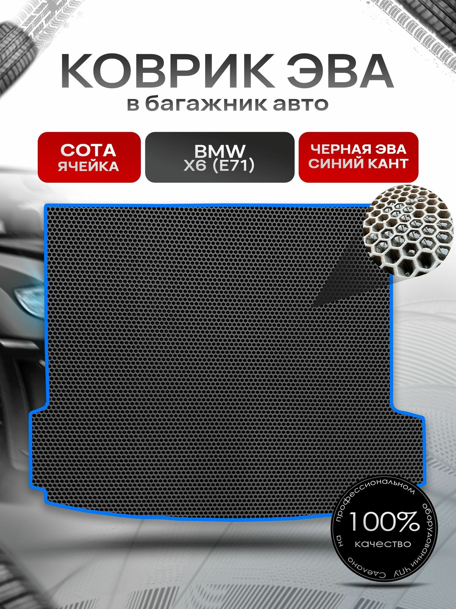 Коврик в багажник ЭВА сота для авто BMW X6 (E71) / БМВ Х6 (Е71) 2006 - 2013 Чёрный с Синим кантом