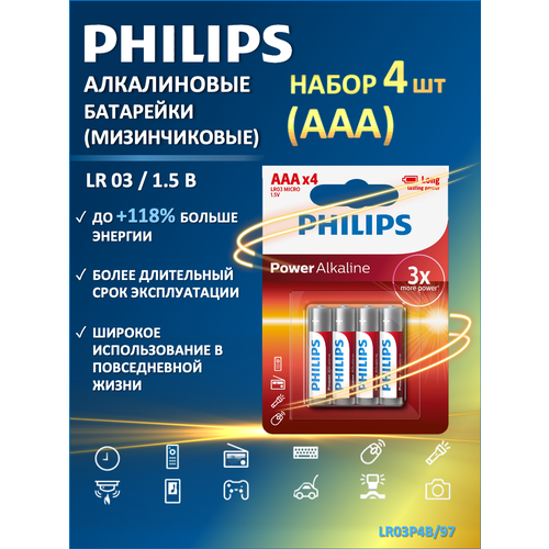 Батарейки мизинчиковые ААА Philips Power Alkaline (щелочные) LR03P4B/97, 4 шт. в блистере