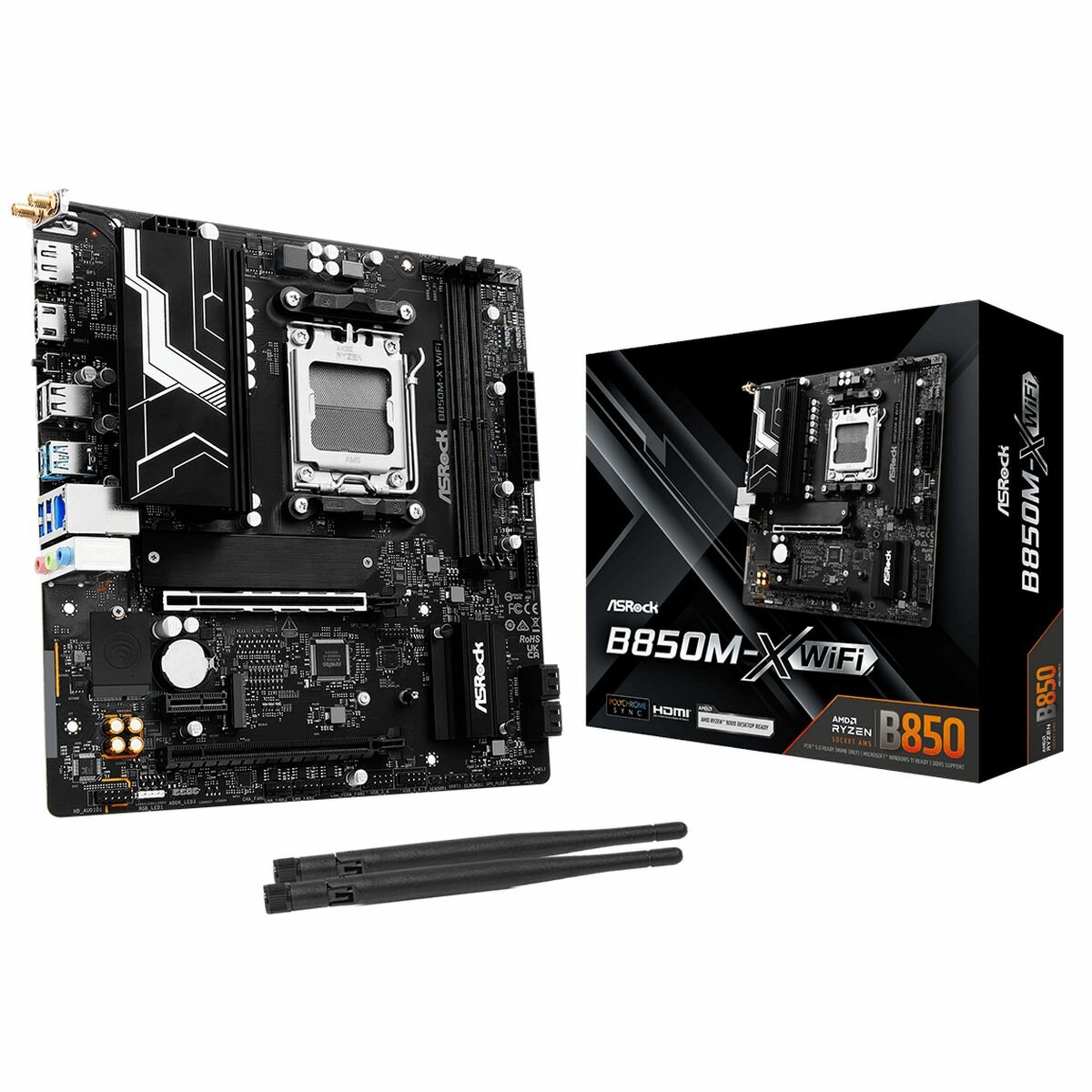 Материнская плата ASRock B850M-X WIFI Socket AM5, AMD B850, 2xDDR5-5200, HDMI+DP, 2xPCI-Ex16, 1xPCI-Ex1, 4xSATA3(RAID 0/1/10), 3xM.2, 8 Ch Audio, 1x2,5GLan, WiFi, (2+4)xUSB2.0, (3+2)xUSB3.2, (1+1)xUSB Type-C™, mATX, RTL уц-3-1
