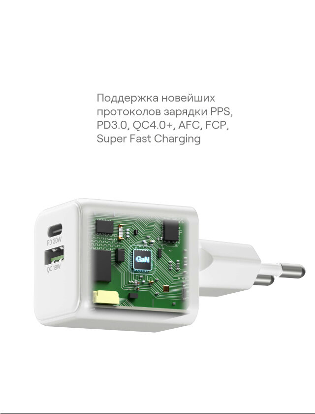 Сетевое зарядное устройство uBear Bridge USB-C+USB-A 30 Вт GaN с поддержкой протоколов быстрой зарядки — фото 1
