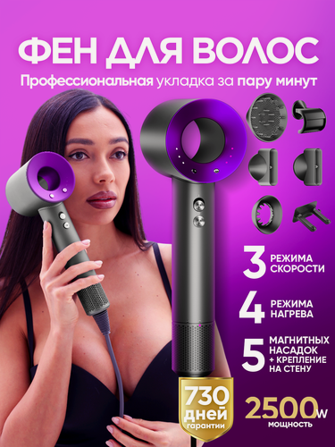 Изображение товара Фен Welleya с насадками 5в1, ионизация, защита от перегрева, 2500Вт