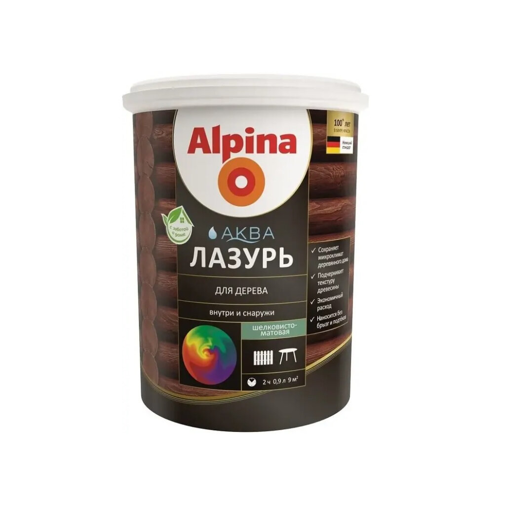 Лазурь для дерева Alpina Аква, шелковисто-матовая, махагон, 0.9 л