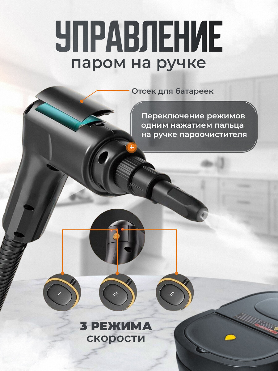 Пароочиститель, мощность 2500 Вт, 28 предметов, 1,5 л, 60 мин работы, черный — фото 1