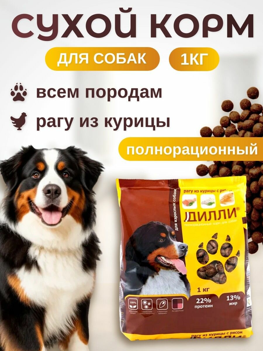 Сухой корм Дилли для взрослых собак, 1 кг. Рагу из курицы с рисом. Полнорационный, сбалансированный
