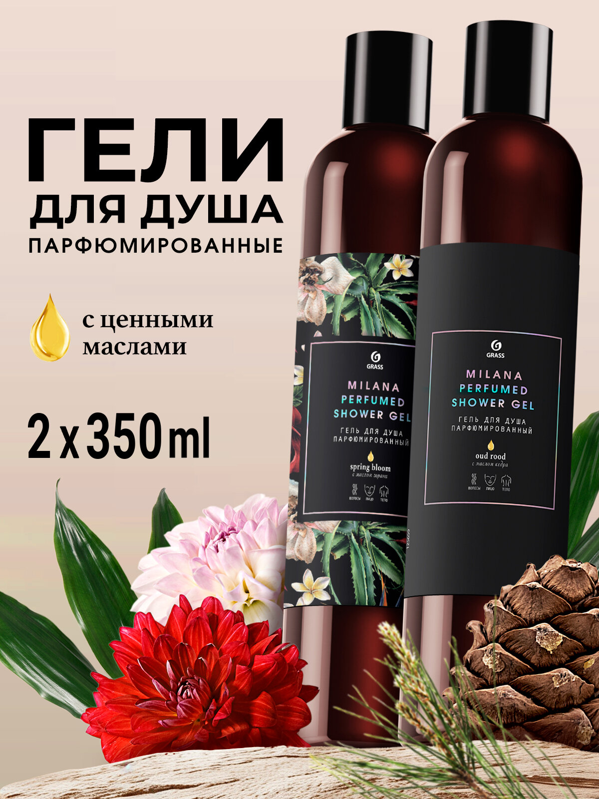 Парфюмированный набор 2шт гель для душа Grass Milana Spring bloom 350мл , Milana Out rood 350мл