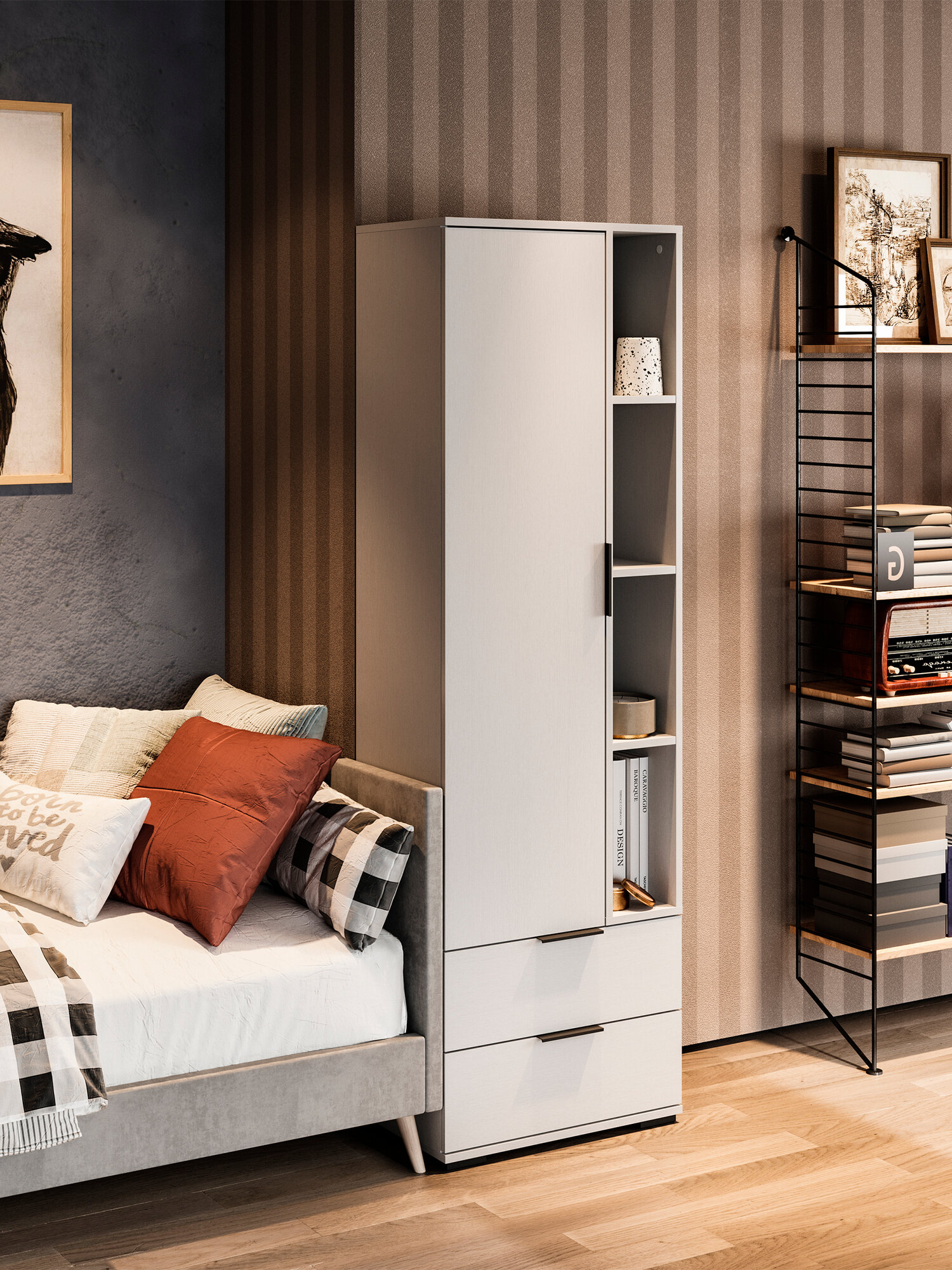 Шкаф для гостиной ТриЯ "Агата", ЛДСП, распашные двери, модульный, белый ясень — фото 1