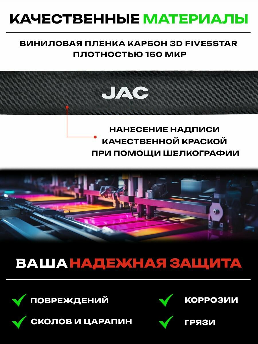 Карбоновые накладки на пороги, наклейки Джак JS4 / JAC JS4 (2020-2024), Джак JS6 / JAC JS6 (2022-2024) с надписью JAC — фото 1