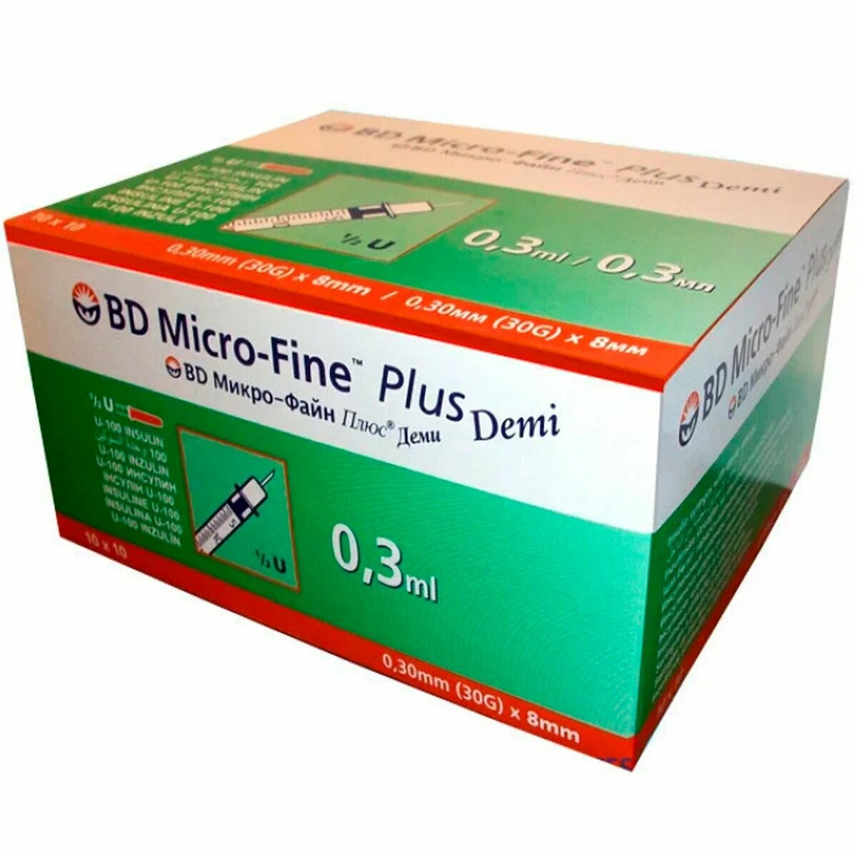Изображение Шприц инсулиновый BD Micro-Fine Plus Demi U-100 0,3 мл 30G (0,3 х 8 мм) 10 шт.