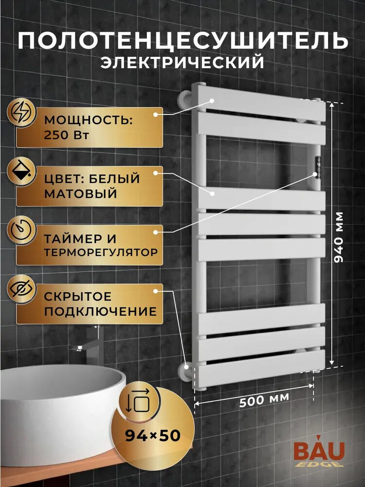 Полотенцесушитель электрический дизайнерский BAU Spectrum Black 94х50, подключение справа, белый матовый