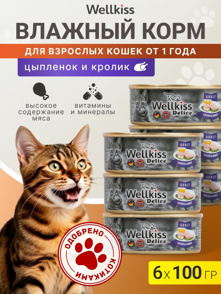 Wellkiss Delice Влажный корм (консервы) для кошек, цыпленок и кролик, 100 гр. * 6 шт.