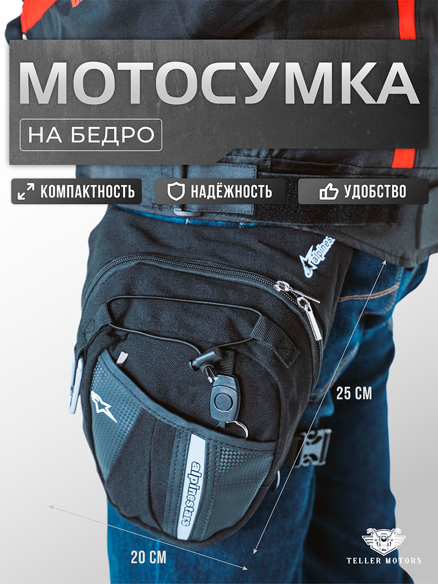 Мотосумка Teller Motors на бедро, боковая, с замком, 24х20х2 см, черная