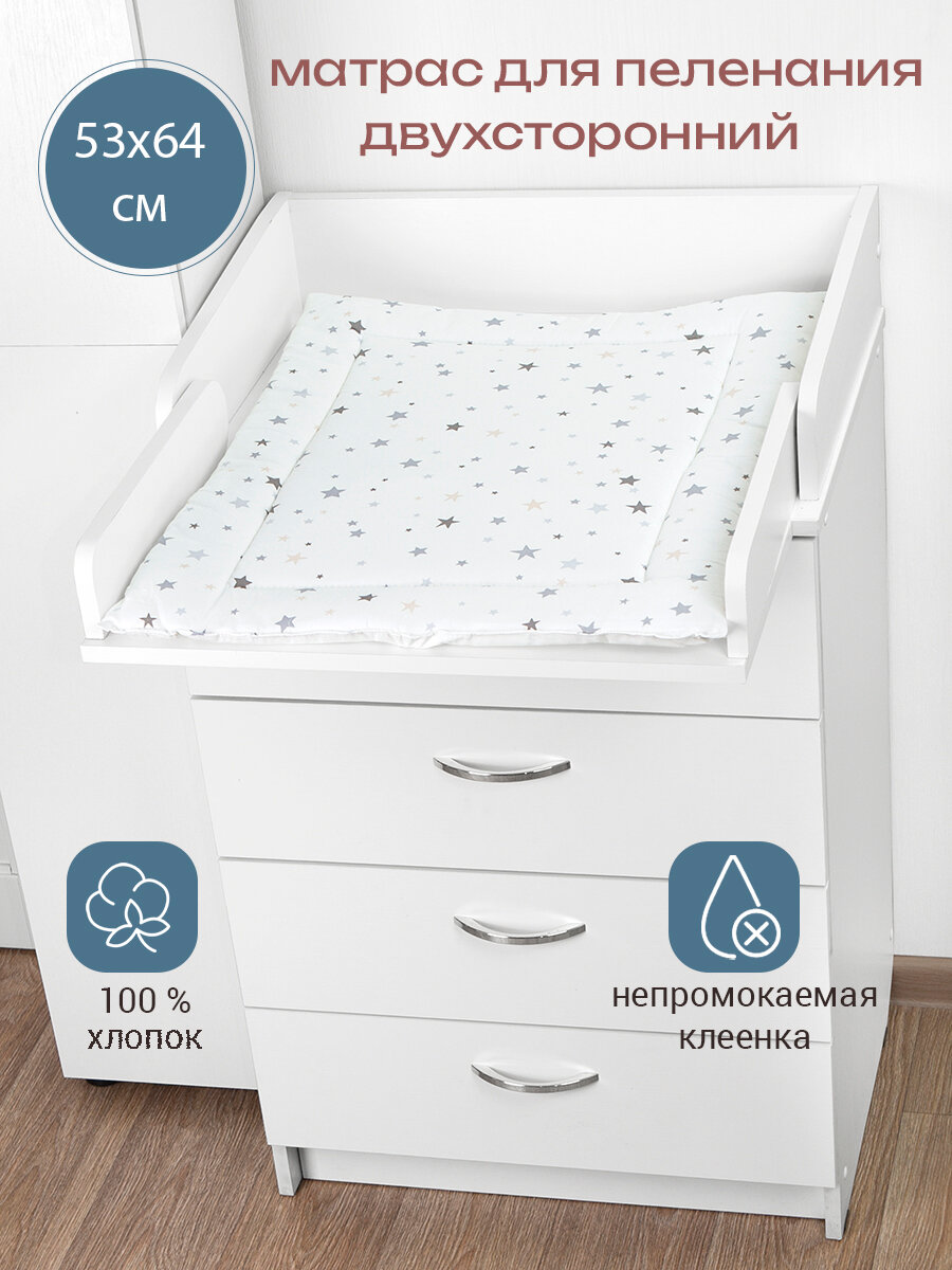 Матрас пеленальный для комода BO-NY, 2-х сторонний, непромокаемый, звездопад цветной, 54 х 66