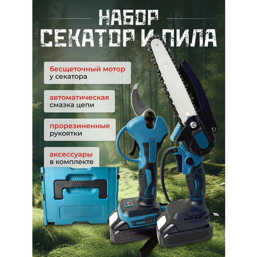 Набор аккумуляторный мини пила и бесщеточный секатор с 2 аккумуляторами синий, зеленый